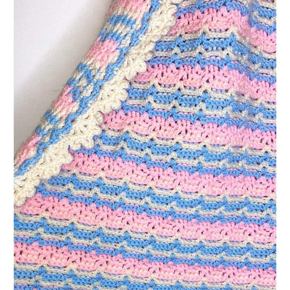 Vtg Handmade Crochet Baby Blanket/Afghan Pink/Blue/Ivory Shower Gift 44x58